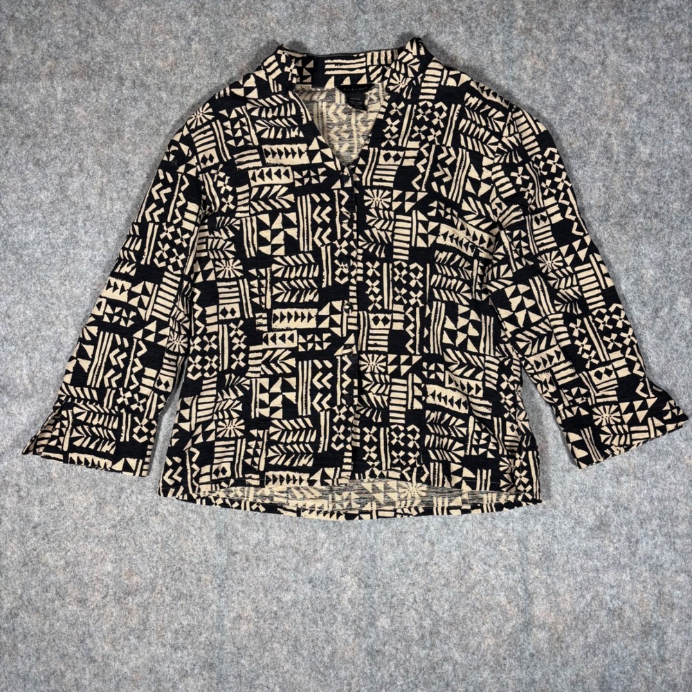Silk Land Button Up Shirt Womens XL Tan Black Geometric Tribal 100% Silk Vintage